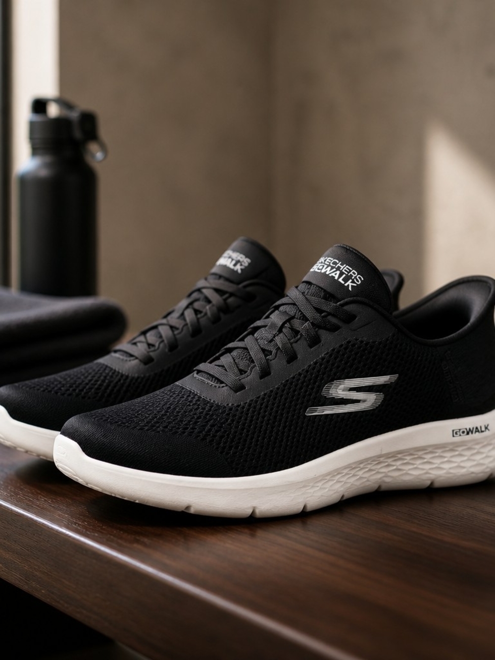 Skechers Black and White GOwalk Knit Lace-Up Sneakers
